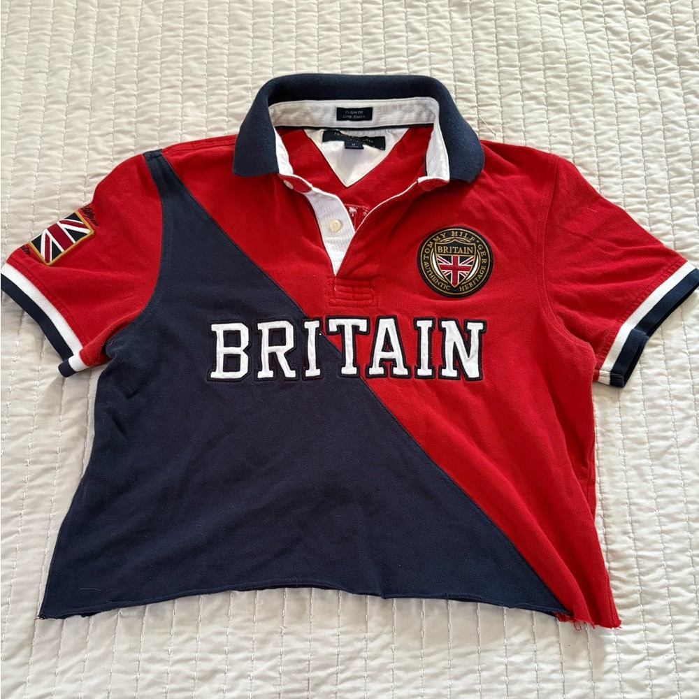 Vintage Tommy Hilfiger Cropped Red and Navy Polo Shirt with Britain Patches